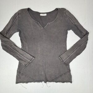 If It Were Me Ribbed Y2K Top‎ V Neck Henley Gray Distressed Womens Large